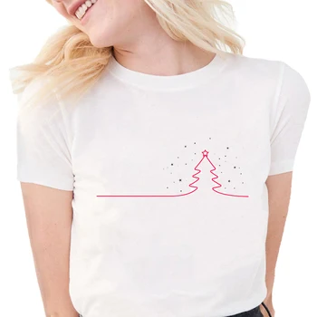 Linha vermelha Feminina T-Shirt da Moda árvore de Natal linha de Impressão de T-Shirt harajuku top Plus Size Macio de algodão Branco gráfica tees mulheres