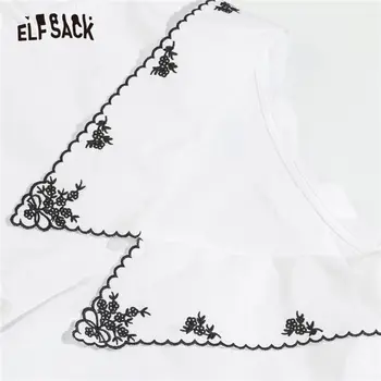 ELFSACK Sólido Branco Bordado Floral Casual Mulheres Camisas com Gola 2020 ELF Verão de Novo e Elegante Puff Manga Feminino coreano Diária Superior