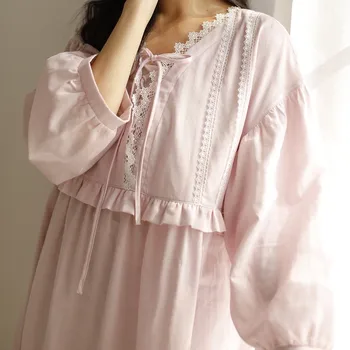 Puro Algodão, Gaze Mulheres Camisolas de Manga Longa de Renda Real Princesa Solta Pijamas Outono Primavera Doce Vestido de Noite