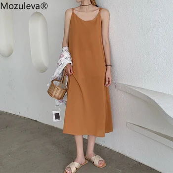 Mozuleva 2020 Verão Camisolas Vestido das Mulheres Básica com decote em V Sundress Senhoras Chic Strapless Sólidas Soltas Midi Feminino Vestido