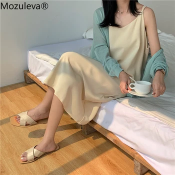 Mozuleva 2020 Verão Camisolas Vestido das Mulheres Básica com decote em V Sundress Senhoras Chic Strapless Sólidas Soltas Midi Feminino Vestido
