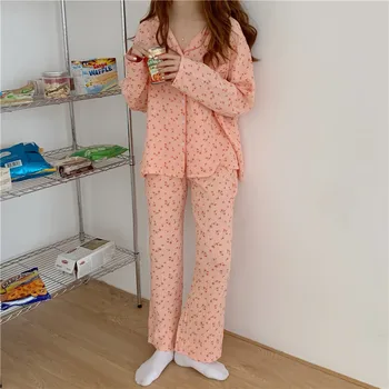 Algodão confortável casa terno bonito mulheres pijama conjunto de primavera outono de impressão cereja sala de vestir pijamas camisa calças 2pcs Y148
