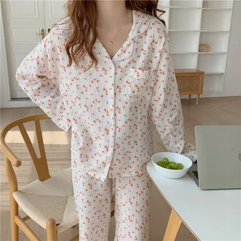 Algodão confortável casa terno bonito mulheres pijama conjunto de primavera outono de impressão cereja sala de vestir pijamas camisa calças 2pcs Y148