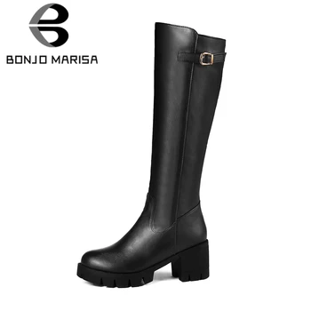 BONJOMARISA 2020 Inverno Plus Size 34-46 Dedo do pé Redondo Mulheres de Plataforma Joelho Botas de cano Alto com Zíper Preto Chunky Salto de Sapatos de Mulher