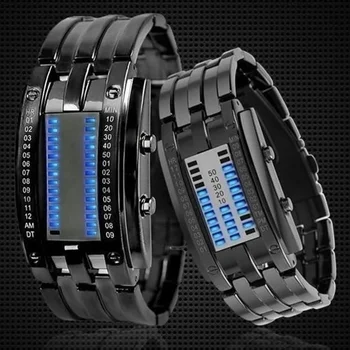 Relógio de luxo Amantes Homens Mulheres de Aço Inoxidável Binário Azul LED Luminoso Display Eletrônico Resistente ao Choque de Relógios do Esporte da Moda