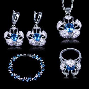 Cor prata Novo Design 3D Flor Azul do Céu Austríaca de cristais Branco Zircônia Conjuntos de Jóias Pulseiras Conjuntos de Jóias