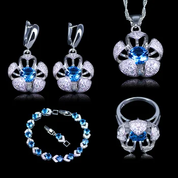 Cor prata Novo Design 3D Flor Azul do Céu Austríaca de cristais Branco Zircônia Conjuntos de Jóias Pulseiras Conjuntos de Jóias