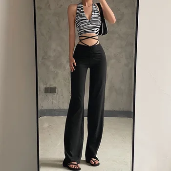 Sexy cintura alta preto casual calças com um senso de design de moda retas, calças de todos-corresponder a tendência é fina