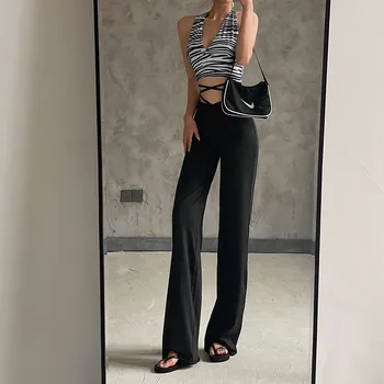 Sexy cintura alta preto casual calças com um senso de design de moda retas, calças de todos-corresponder a tendência é fina