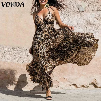 Mulheres Leopard Vestido estampado 2021 VONDA Verão Sexy Spaghetti Strap sem encosto Plissado Grande Balanço Vestidos de Festa Plus Size Vestidos