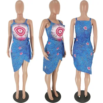 Moda Lace Sexy Irregular Vestido de Verão, O Decote sem Mangas Joelho de Comprimento do Vestido estampado Azul High Street Vestido NM8020