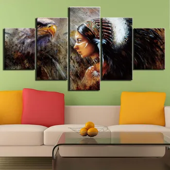 Modular 5 painel de lona arte de impressão HD povo americano guerreiro com águia de impressão pinturas para a sala de Cartaz o deco home de F2663