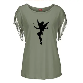 Fada Silhueta, desenhos animados Fada das Mulheres de Algodão de Borla T-shirt Camisetas de Manga Curta-O-pescoço Femme Bonito t-shirt