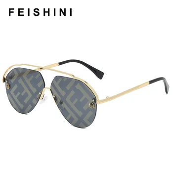 Feishini nenhum logotipo Óculos de sol Retro Mulheres Espelhado de Metal, Marca de Luxo de Moda Coloridas Senhoras Topo de Óculos sem aro Celebridade Espelho