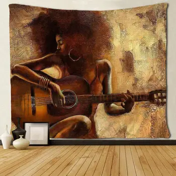 As Mulheres Afro-Americanas Tocar Guitarra Tapeçarias Hippie Preto De Arte Pendurada Na Parede Jogar Toalha De Mesa