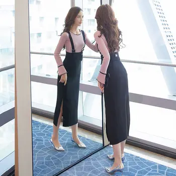 Sexy Slim Dois Conjuntos De Peças De Mulheres Lace-Up Arco De Fenda Punho O Decote Da Camisola E Preto Dividir Vestido De Alça De 2020 Novo E Elegante Terno Da Moda