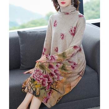 2020 Outono Casual Floral Gola de Lã Camisola de Inverno 3XL Plus Size Camisola de Malha Vestido Elegante Bodycon Vintage Vestido das Mulheres