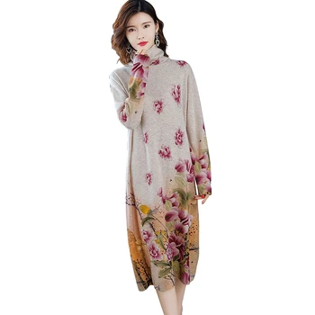 2020 Outono Casual Floral Gola de Lã Camisola de Inverno 3XL Plus Size Camisola de Malha Vestido Elegante Bodycon Vintage Vestido das Mulheres