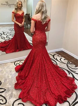Elegante Vermelho Laço da Sereia Vestidos de Noite 2020 robe de sarau Fora Do Ombro Formal, as Mulheres de Vestido de Festa feito a mão Jantar Vestidos