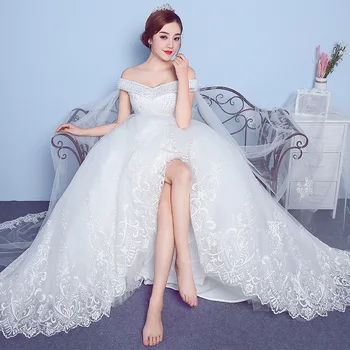 Apliques rendas Grande Bordado Vestido de Noiva 2020 Novas Chegada Sexy Barco Pescoço para Fora do Ombro coreano Plue Tamanho de vestido de noiva