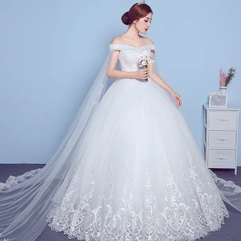 Apliques rendas Grande Bordado Vestido de Noiva 2020 Novas Chegada Sexy Barco Pescoço para Fora do Ombro coreano Plue Tamanho de vestido de noiva