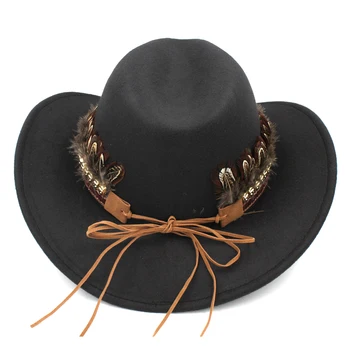 Mistdawn Ocidental Chapéu de Cowboy Dura Aba Larga Cowgirl Andar de Jazz Igreja de Mistura de Lã Sombrero Cap Womem Homens Pena Hatband BBA