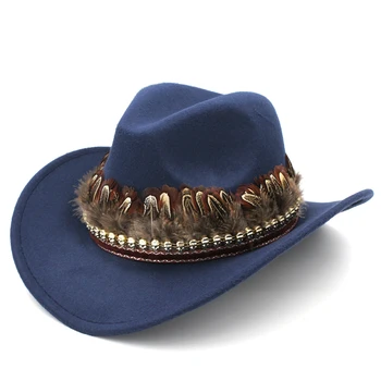 Mistdawn Ocidental Chapéu de Cowboy Dura Aba Larga Cowgirl Andar de Jazz Igreja de Mistura de Lã Sombrero Cap Womem Homens Pena Hatband BBA