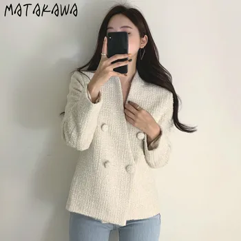 MATAKAWA Elegante V-pescoço de abotoamento Duplo Mulher Jaqueta coreano Outono Sólido de mangas compridas Tweed Curto Casaco de Inverno, Roupas de Mulheres
