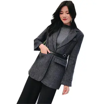 Moda Blazer de Lã mulheres casaco de outono inverno Novo de alta qualidade Plus size Grosso retro listrado blazer de lã mulheres casaco