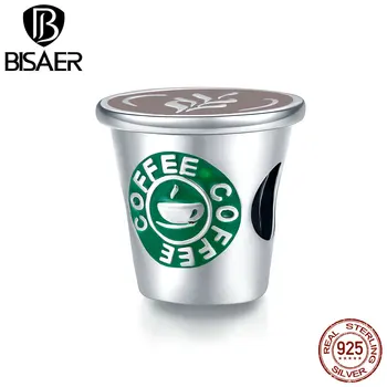 BISAER Encantos de Prata 925 Xícara de Café Para o Bracelete Esmalte Verde Cordão Pingente de DIY Colar Para Mulheres Finas Jóias HSC1545