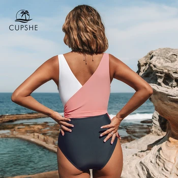 Cupshe Laranja E Branco Colorblock Um Maiô de peça Mulheres de Retalhos Correia Arco Monokini 2021 V-pescoço Praia de maiô Swimwear