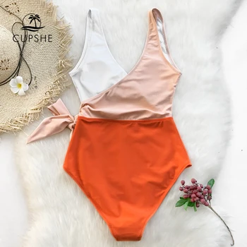 Cupshe Laranja E Branco Colorblock Um Maiô de peça Mulheres de Retalhos Correia Arco Monokini 2021 V-pescoço Praia de maiô Swimwear