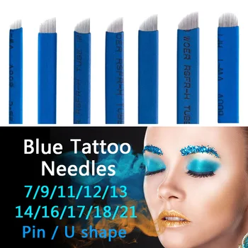 20 pcs Azul 0.18/ 0.20/0.25 mm Microblading Agulhas Permanente da Composição Manual da Tatuagem da Sobrancelha Agulhas para Tebori Flex Lâminas Forma de U