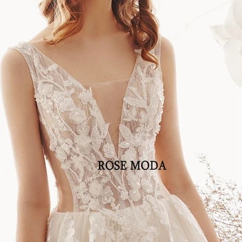 Rose Moda Ilusão de Profundo Decote em V Vestido de Noiva de Renda V de Volta Boho Vestidos de Noiva com Trem Costume Fazer
