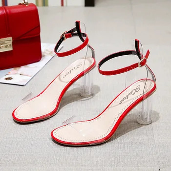 Verão de PVC Transparente de alta calcanhar mulheres sapatos de Cristal sandálias novas de cristal grosso calcanhar palavra sandálias da Moda rodada sandálias de salto