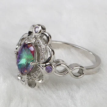 BIJOX HISTÓRIA da moda feminina anel de prata 925 esterlina com arco-íris topázio anéis de promessa de casamento festa de dons tamanho 6-10