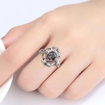 BIJOX HISTÓRIA da moda feminina anel de prata 925 esterlina com arco-íris topázio anéis de promessa de casamento festa de dons tamanho 6-10