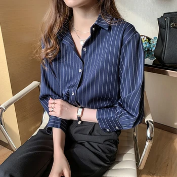 2021 Moda Outono-Coreano Chiffon Mulheres Blusa Manga 3/4 Camisa Elegante Office Solta Fêmea Azul Blusas, Tops, Blusas Roupas