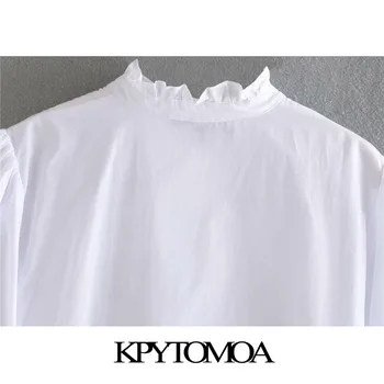 KPYTOMOA Mulheres 2020 Fashion Com Laço de Botão-up Cortada Blusas Vintage Babados na Gola Puff Manga Feminino Camisas, Tops Chique