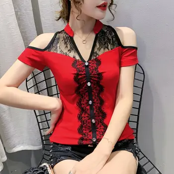 2020 venda Nova do Verão coreano Roupas T-shirt da Moda Patchwork de Renda Sexy Off Ombro Mulheres Tops Ropa Mujer Camisa de Algodão Tees