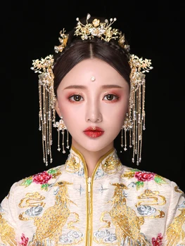 Touca de noiva tradicional cocar Fênix Chinesa coroa de luxo casamento clássico acessórios de cabelo