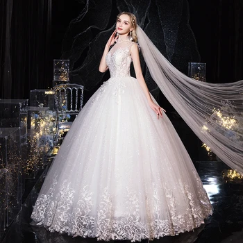 Vestido De Noiva 2021 Clássico Vestido De Noiva Sem Mangas Laço Na Bola Vestido De Princesa Luxo De Rendas Bling Bling Vestidos De Noiva