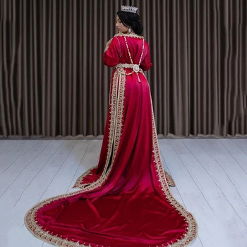 Vermelho Marroquino Caftan Com Beading e Bordados de Manga Longa Islâmica Dubai, Arábia árabe Vestido de Noite Abaya Vestido de Baile