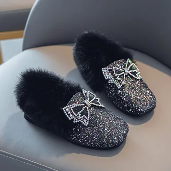 Garotas Festa de Sapatos de Glitter Com Arco-nó Princesa Doce de Crianças Sapatos de Couro Para o Casamento de Algodão Quente de Inverno para Crianças Sapatos Televisão