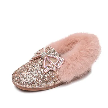 Garotas Festa de Sapatos de Glitter Com Arco-nó Princesa Doce de Crianças Sapatos de Couro Para o Casamento de Algodão Quente de Inverno para Crianças Sapatos Televisão