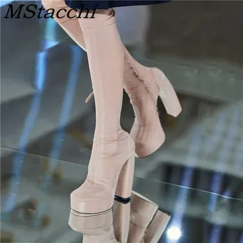 Mstacchi Mulheres Over-the-knee Elasticidade Botas Grosso Calcanhar de Água de Plataforma de Moda Eminente Zíper Sapatos de Senhoras Botines De Mulher