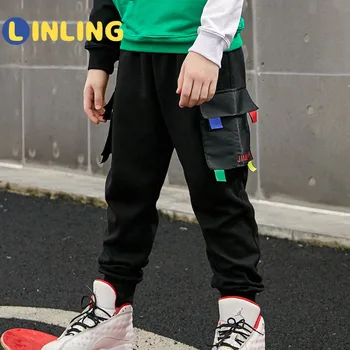 LINLING Streetwear Calças para os Meninos, Calças Cargo de Cor Pura Calças Bolso Solto Esporte Calças Crianças Casual com Calças P298