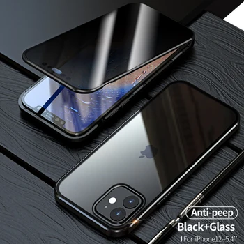 Frente + trás 360 completo de vidro Temperado de caso para o iPhone Mini-12 12 Pro Max Anti peeping de privacidade caso de Metal Magnético capa