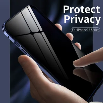 Frente + trás 360 completo de vidro Temperado de caso para o iPhone Mini-12 12 Pro Max Anti peeping de privacidade caso de Metal Magnético capa