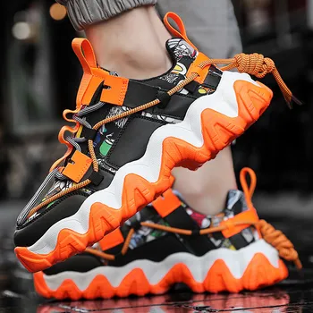 Moda Orange Mens Sapatos de Desporto de Sapatilhas de Cores Impressas Plataforma de Jogging Sapatos de Homens de Calçados esportivos Formadores chaussure homme sport